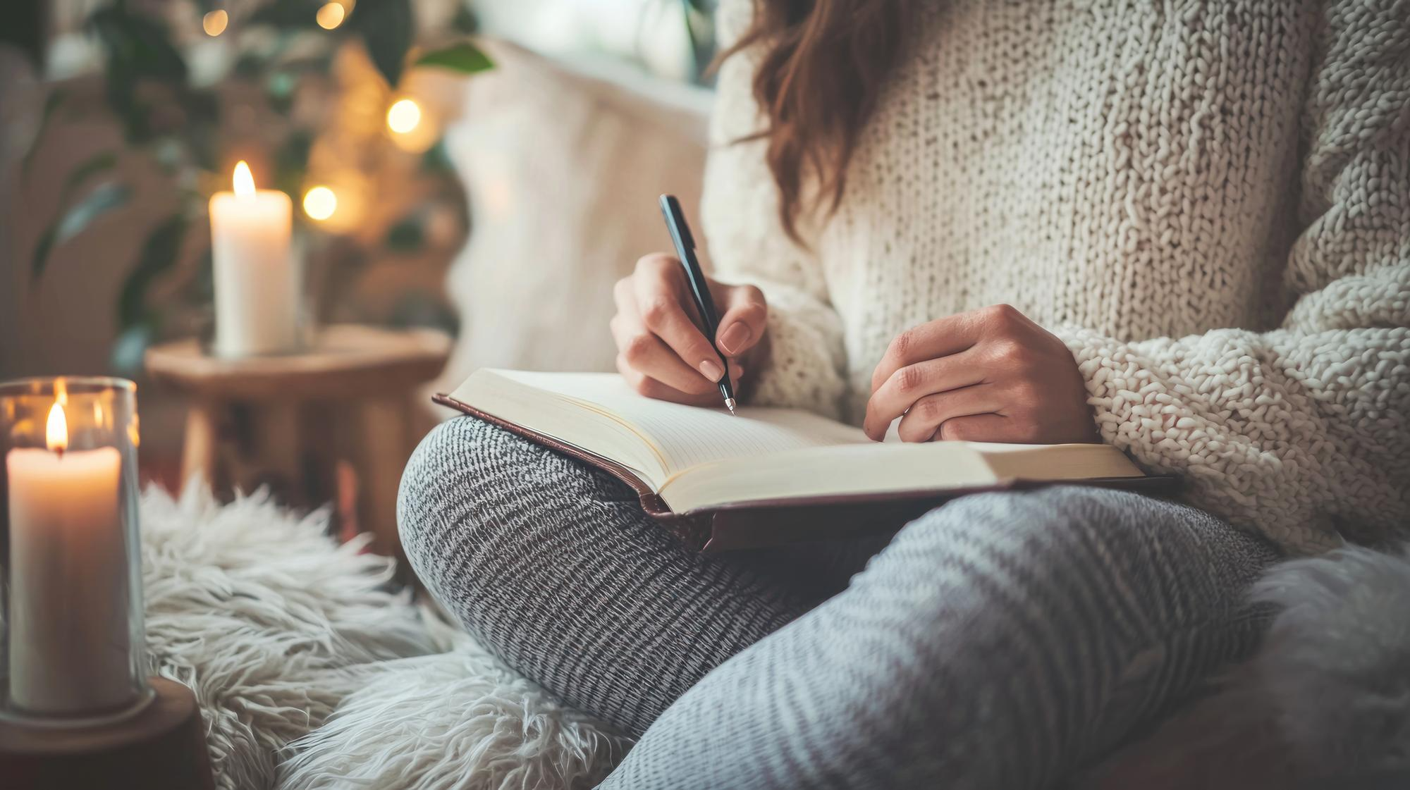 A woman sitting with a notebook and pen, journaling her thoughts as part of a mindfulness and self-care routine to support mental clarity and emotional well-being.