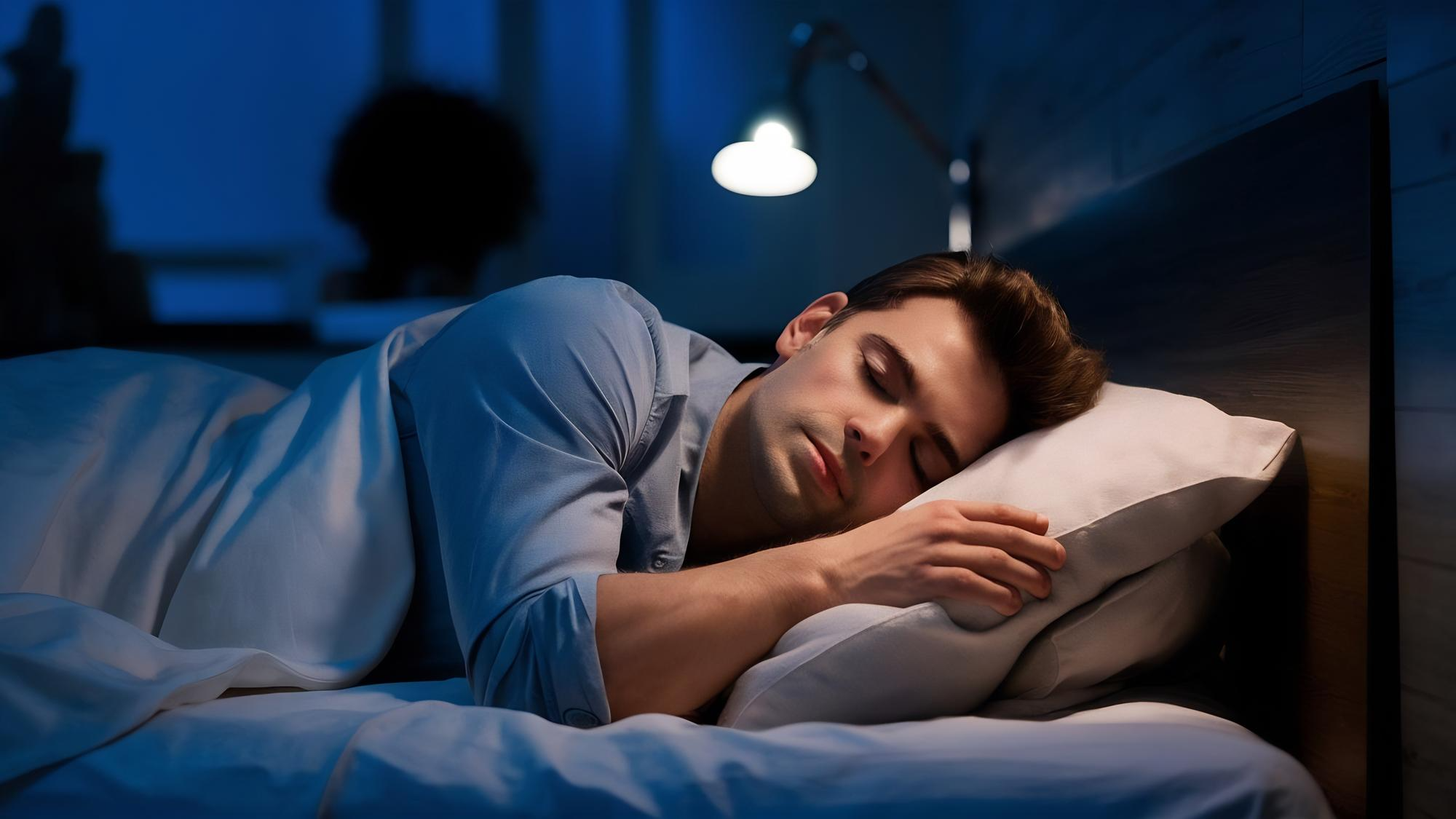 A man sleeping in a dark and quiet room for migraine recovery through sleep and relaxation.