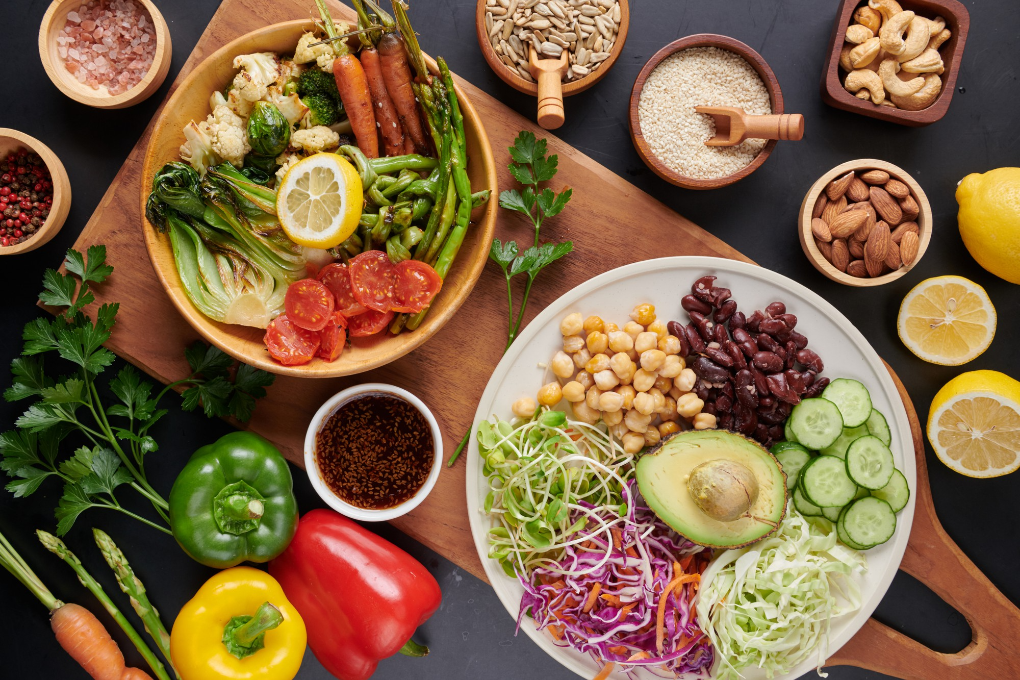 A colourful assortment of healthy foods ideal for pregnancy, including fresh fruits, vegetables, whole grains, dairy and protein-rich options, highlighting balanced nutrition for maternal health.