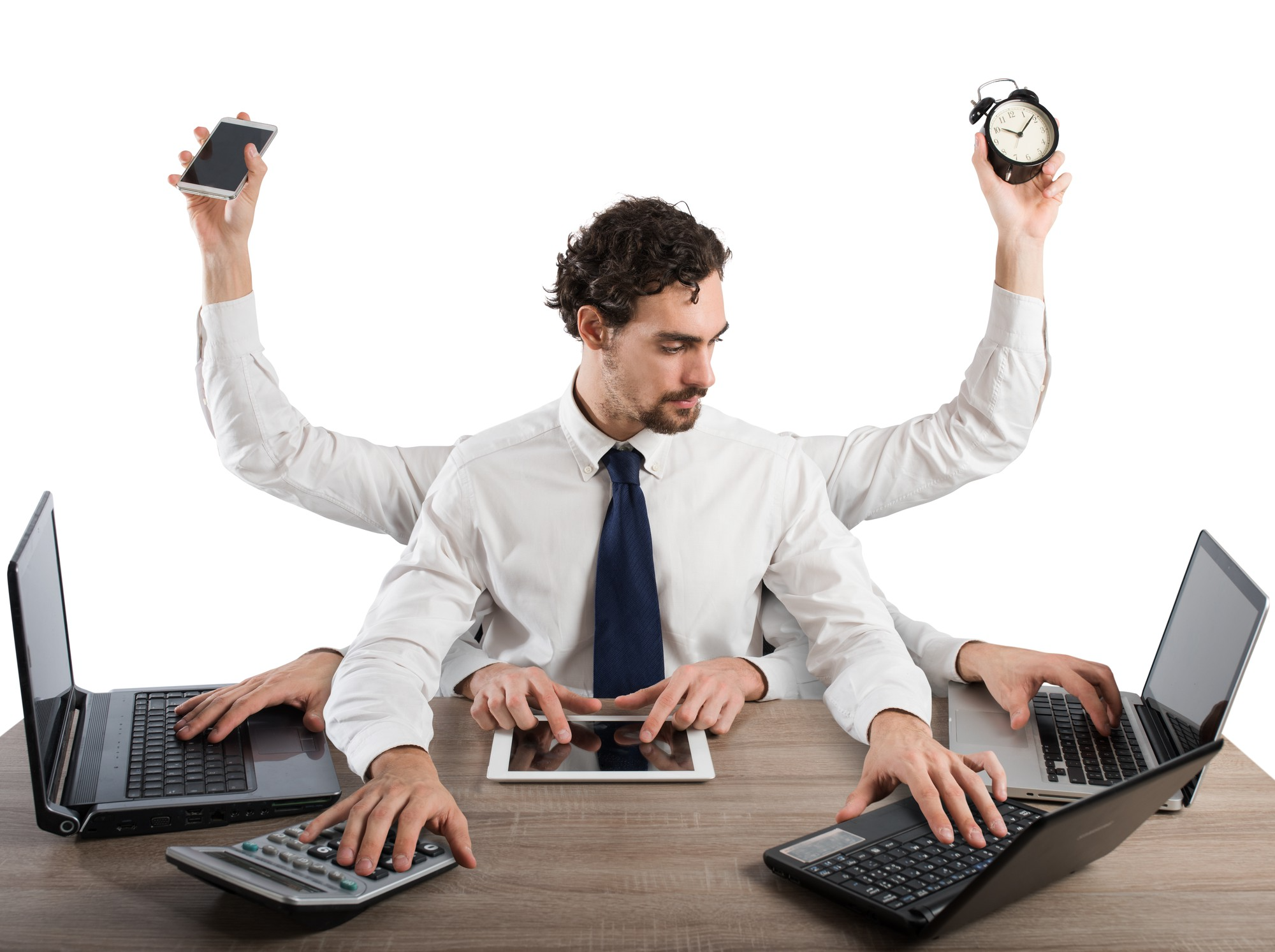 A man handling multiple tasks at the same time, representing multitasking, productivity, concentration and the brain’s ability to manage stress and maintain sharp thinking in a busy environment.