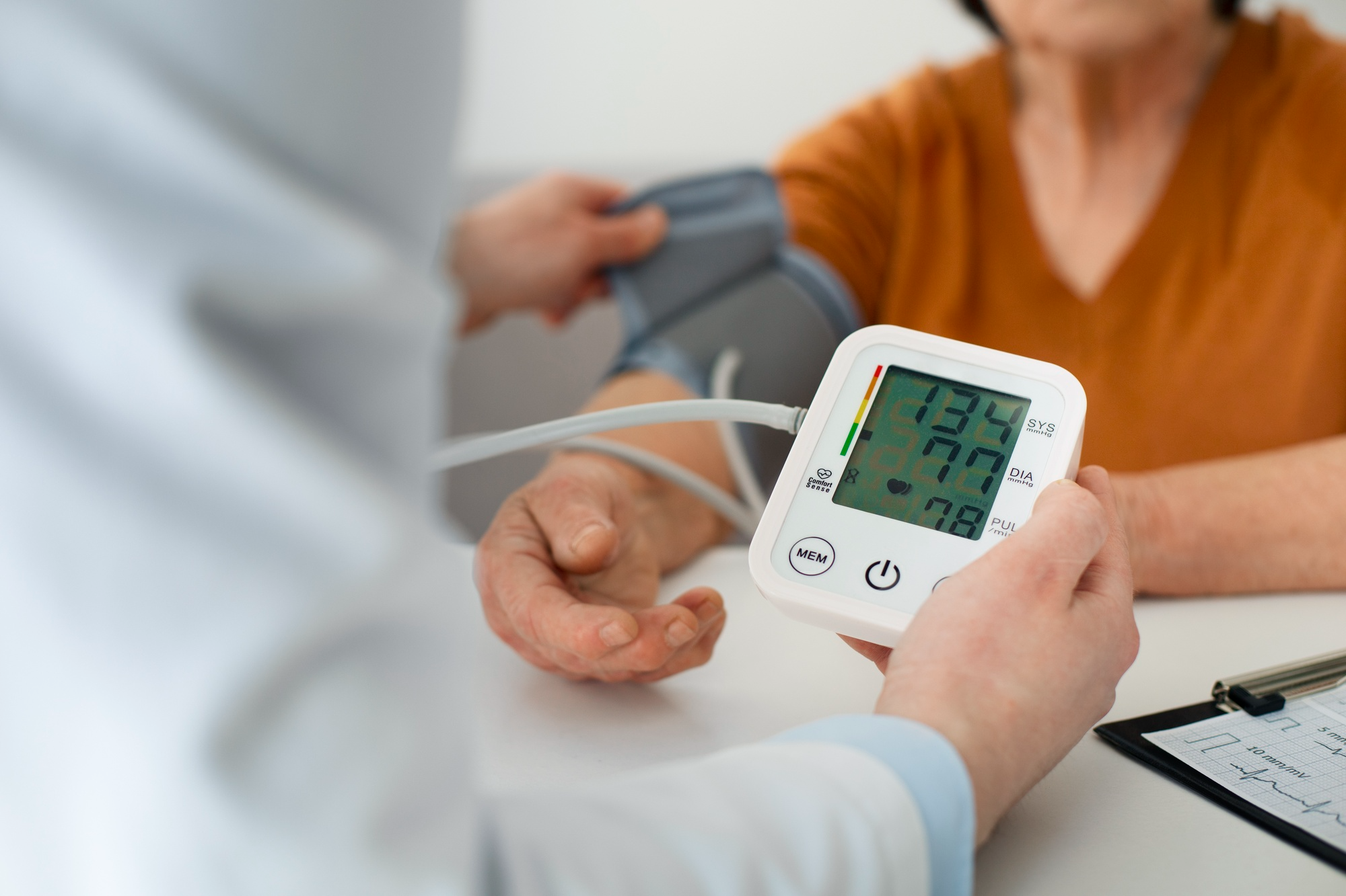 Doctor measuring a patient’s blood pressure during a check-up.