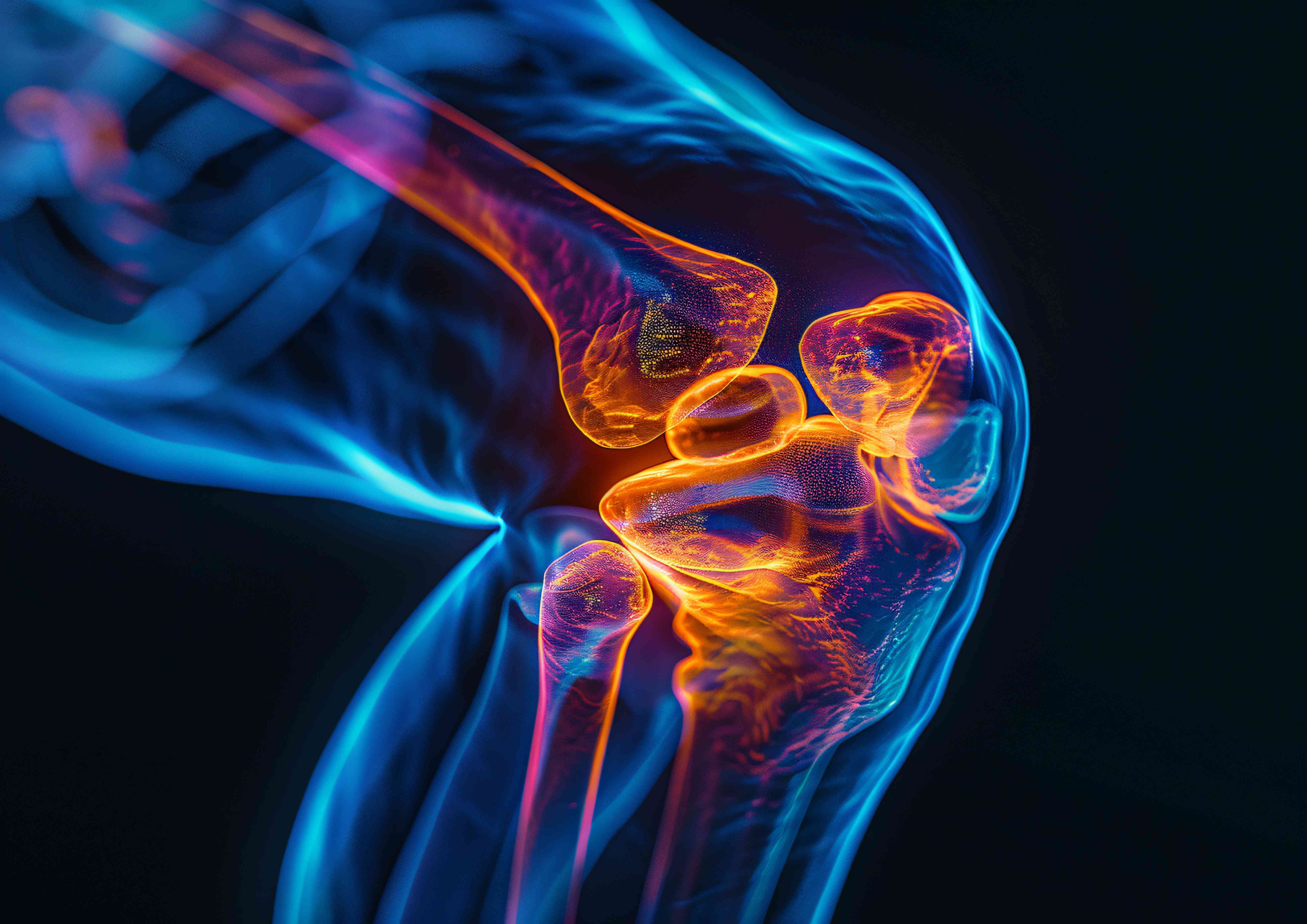 3D-rendered x-ray image of a human knee joint with glowing neon blue and orange colors indicating bone and tissue structures.