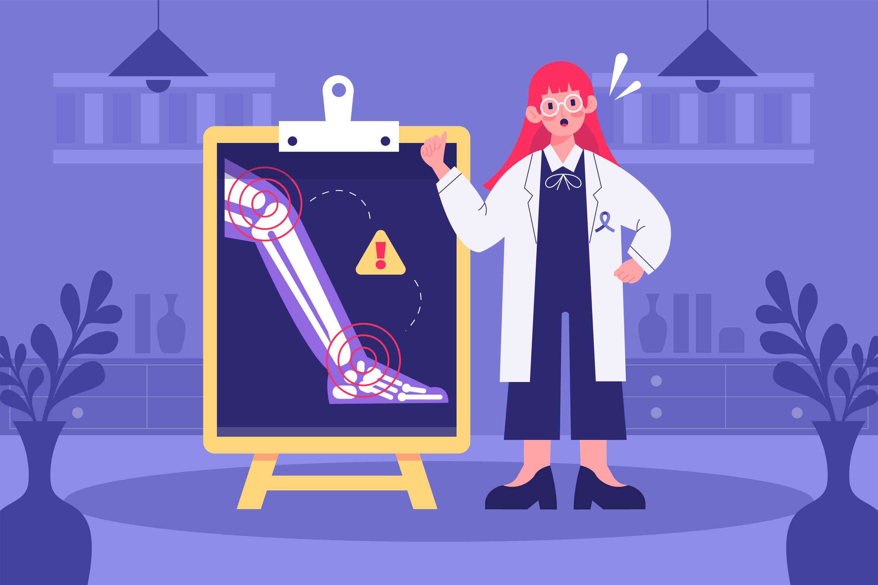 Cartoon illustration of a female doctor explaining bone pain and joint issues on a large medical board.