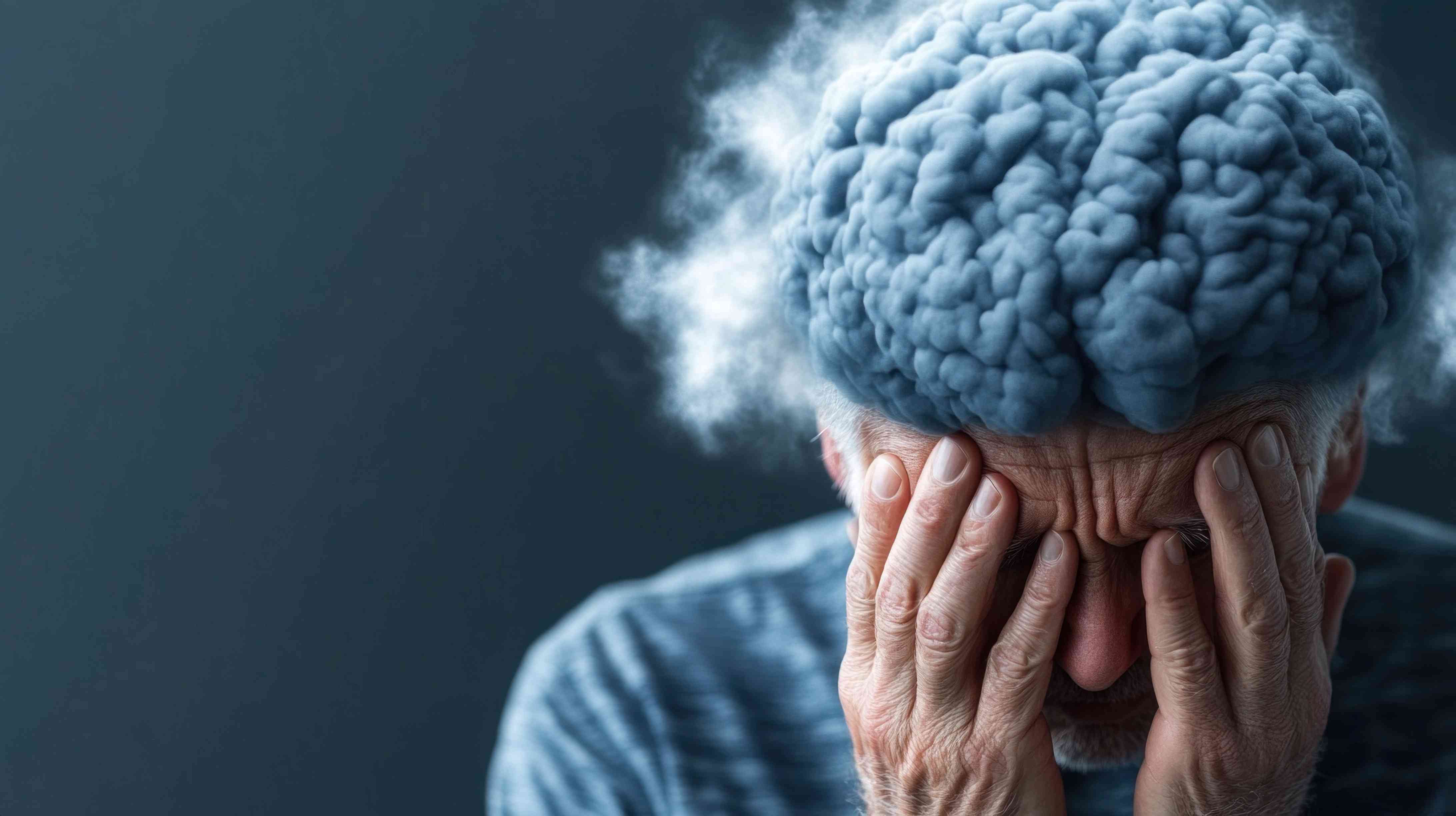 An elderly man holding his head with a stormy brain cloud above, symbolizing confusion or neurological distress.