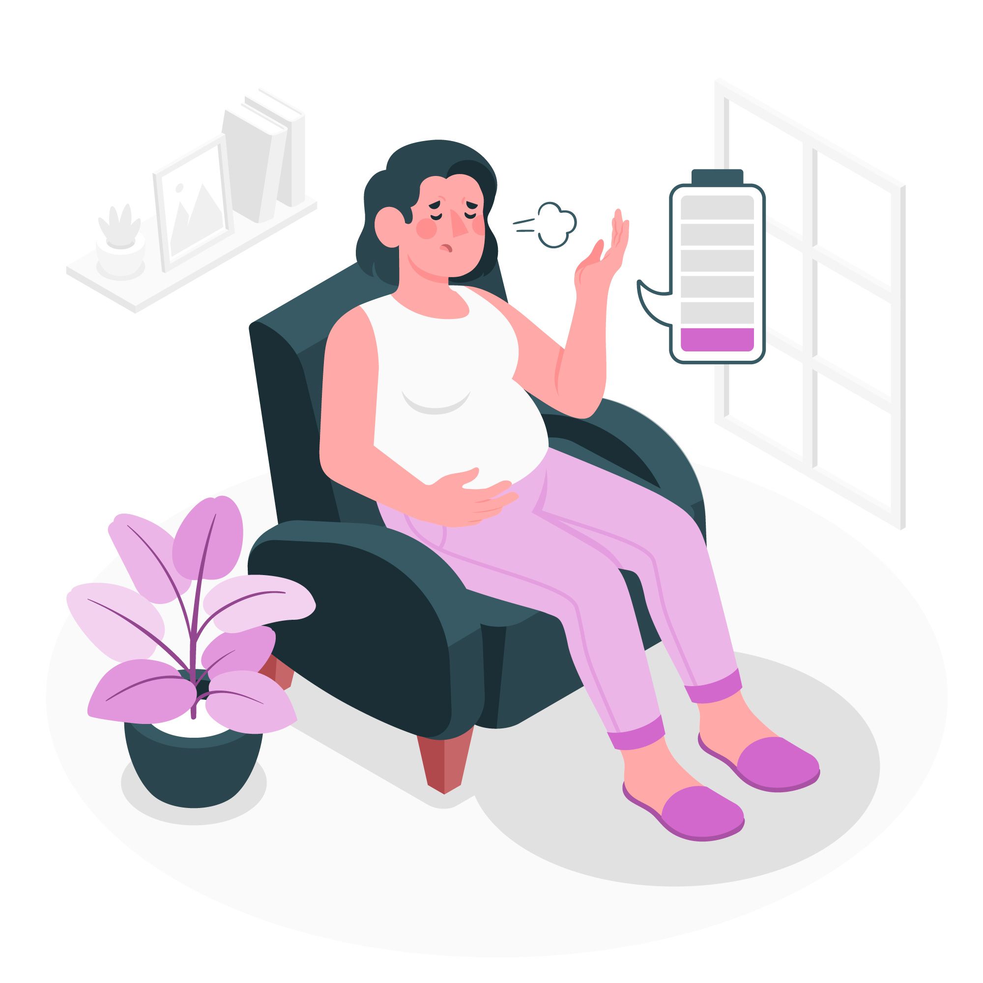 Concept illustration of a pregnant woman experiencing fatigue, holding her belly, and sitting down to rest.