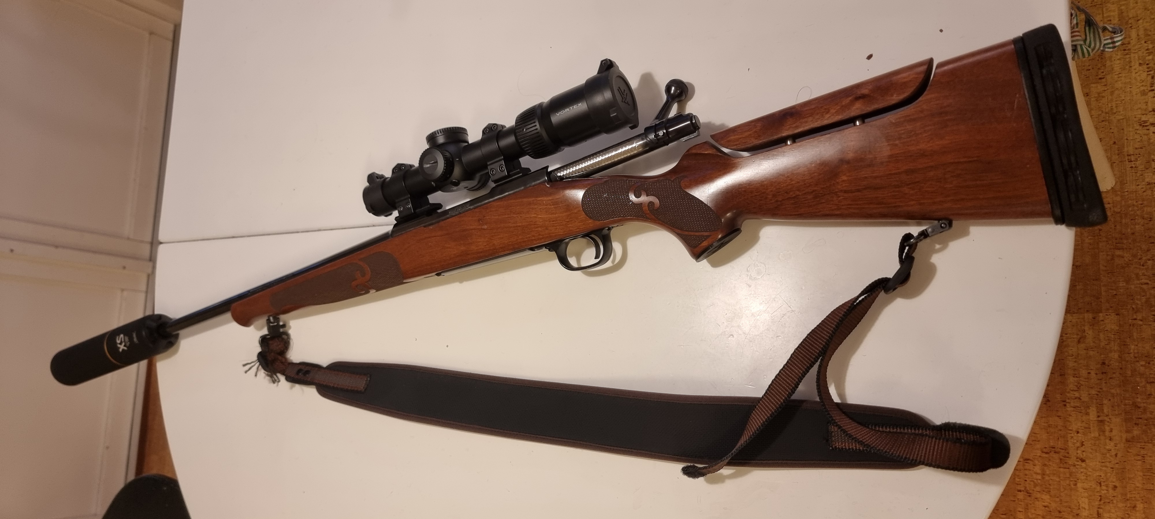 Bolt‑action hunting rifle with scope and suppressor