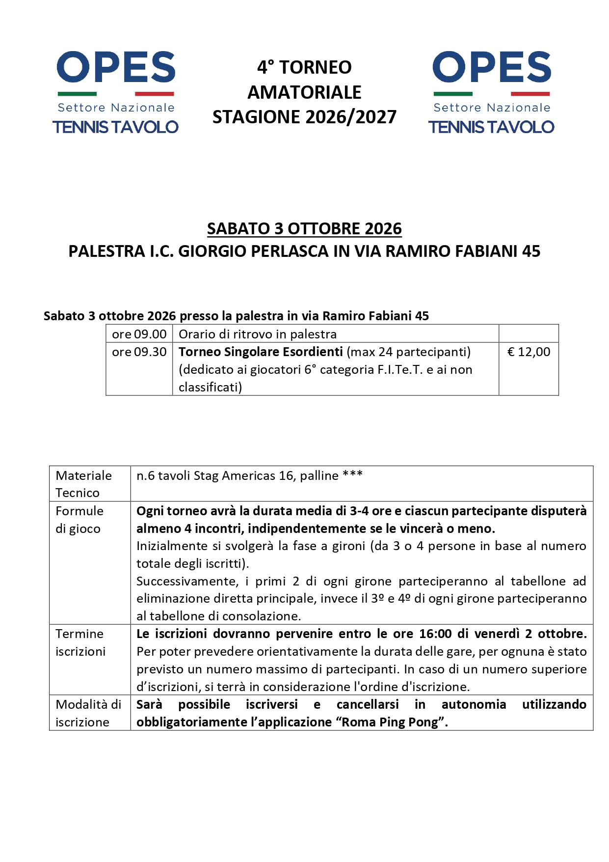 Locandina 1 di 4º Torneo OPES TENNISTAVOLO del 3 ottobre 2026