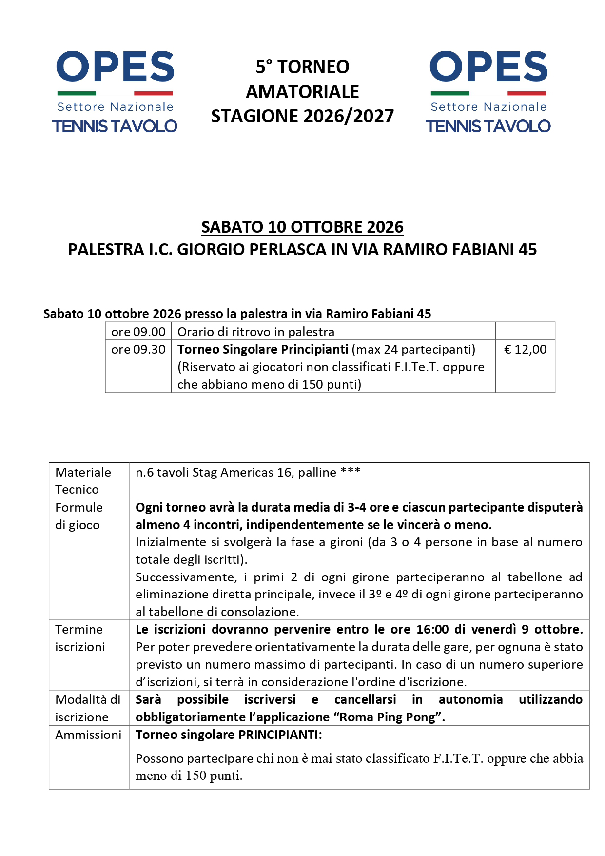 Locandina 1 di 5º Torneo OPES TENNISTAVOLO del 10 ottobre 2026