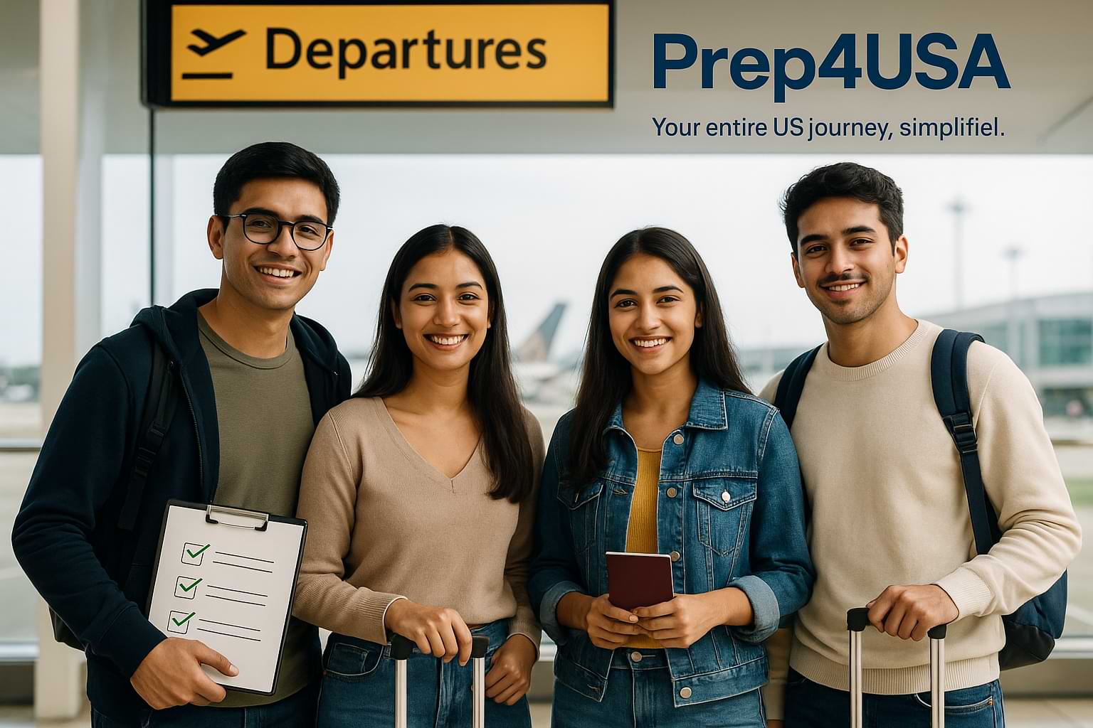 Indian students preparing to fly to the USA with checklists and luggage