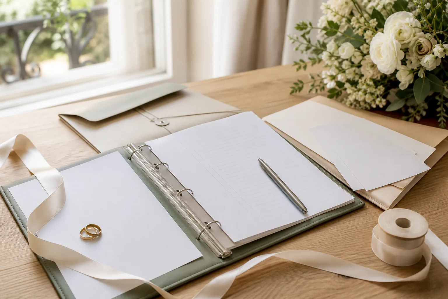 Classeur ouvert avec une check-list de mariage, des devis, des alliances et un planning imprimé sur une table.
