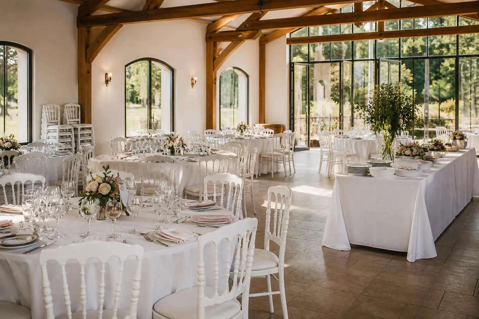 Tables rondes, chaises de mariage et nappes installées dans une salle de réception lumineuse.
