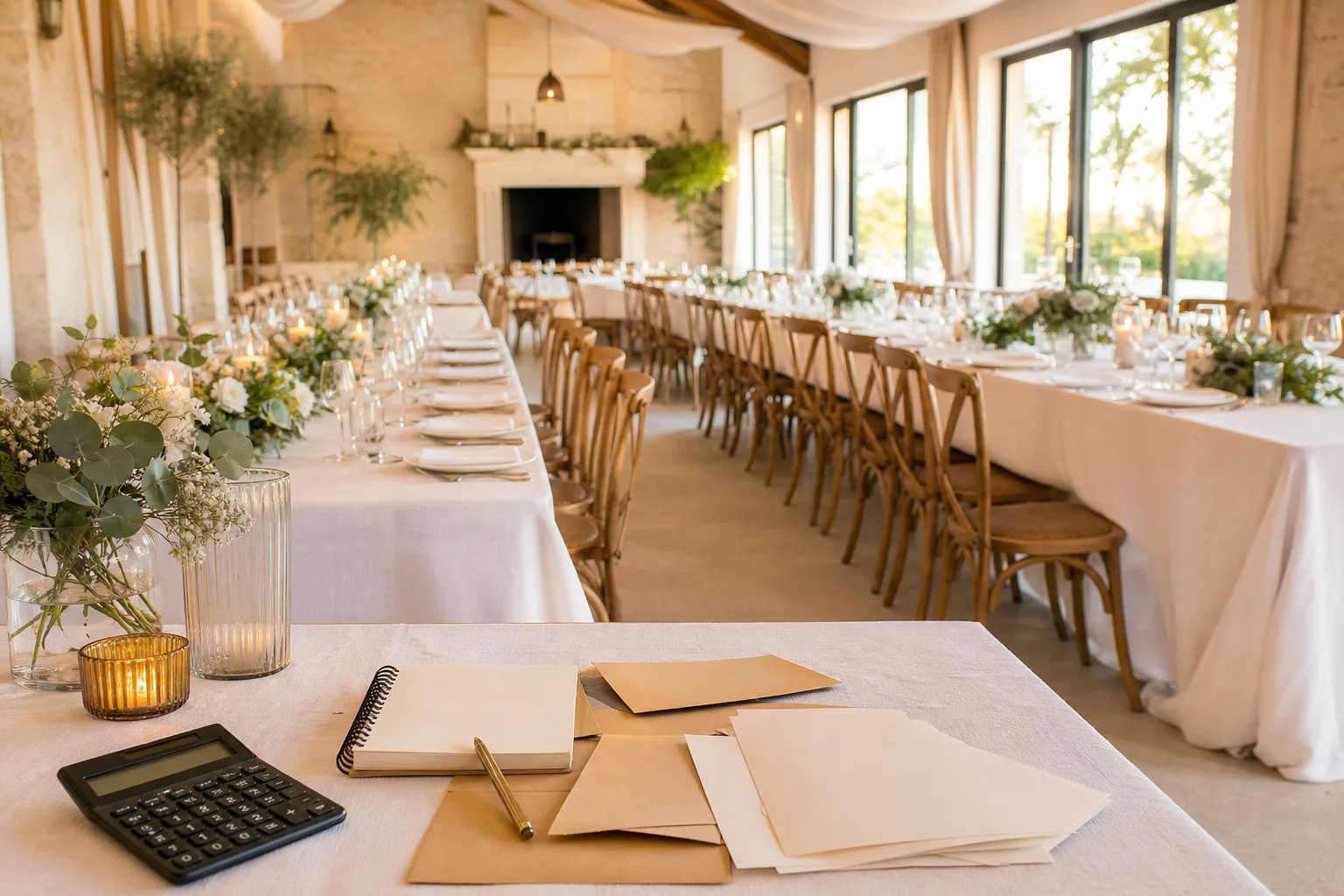 Table dressée dans une salle de mariage, avec vaisselle, bougies, fleurs et éléments de calcul budgétaire.