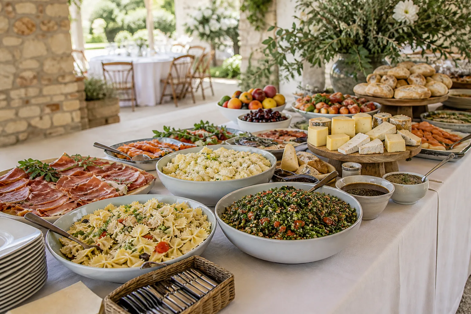 Buffet froid dressé avec salades, charcuterie, pain, fromage et desserts sur une table de réception.