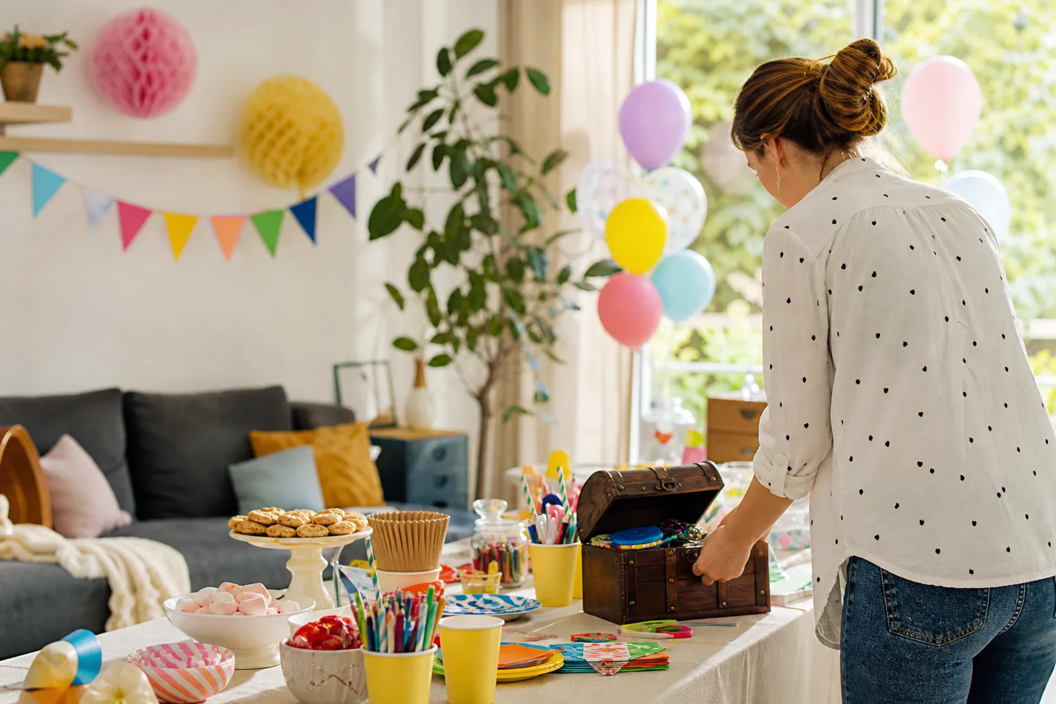 Table de goûter colorée avec accessoires de jeux et décorations pour un anniversaire d’enfant.