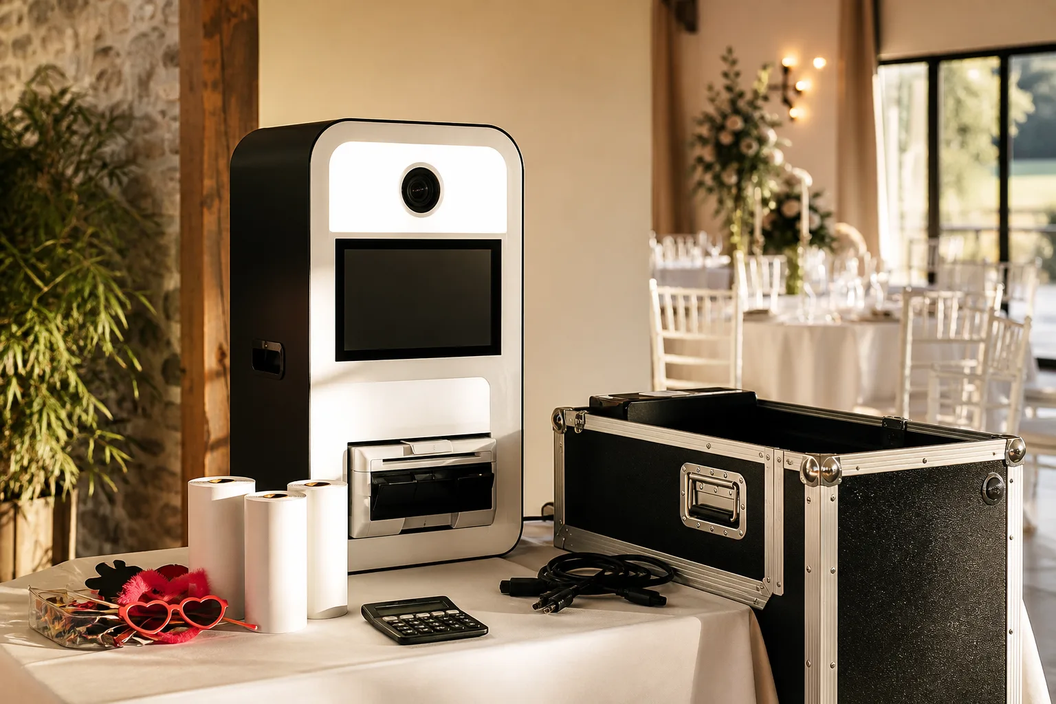 Photobooth avec imprimante, accessoires et caisse de transport posé dans une salle de réception.