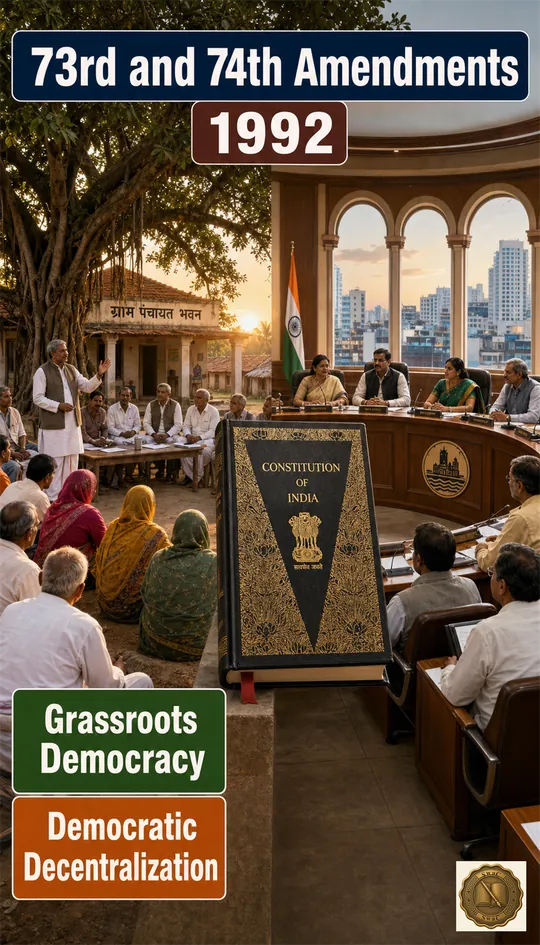 Two pillars of grassroots democracy rising side by side from one Constitution — village on the left, city on the right.