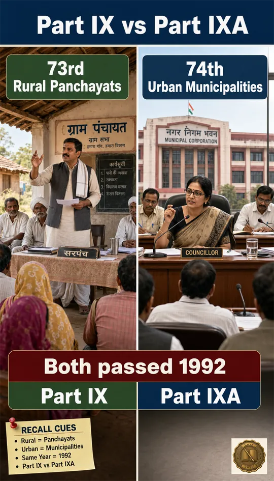 A mirror: same year, same purpose, different domain — 73rd rural panchayats vs 74th urban municipalities.