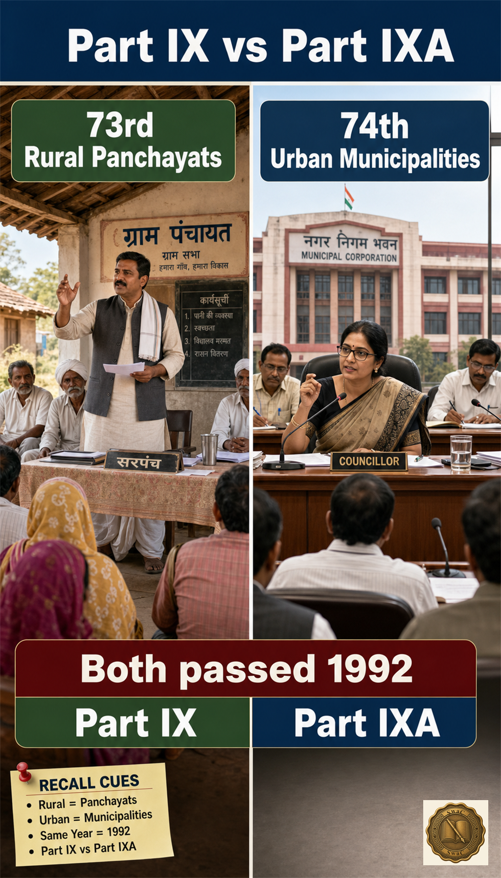 A mirror: same year, same purpose, different domain — 73rd rural panchayats vs 74th urban municipalities.