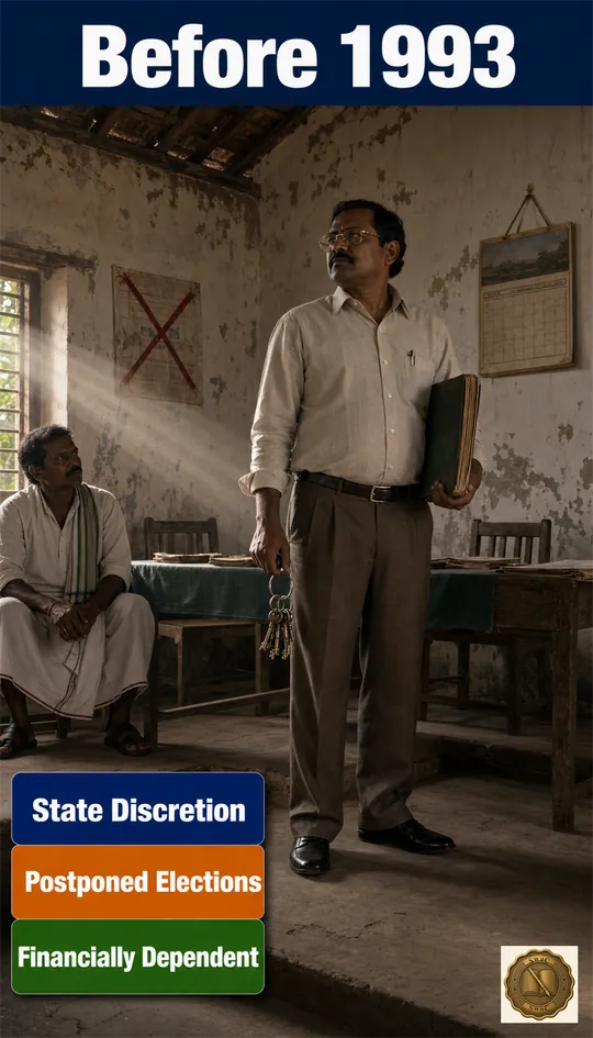 A neglected, locked panchayat hall whose elections are postponed and whose purse is held by the state.