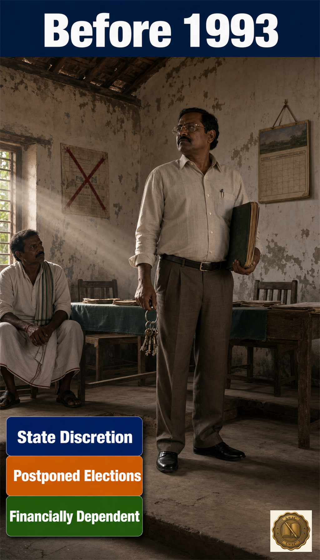 A neglected, locked panchayat hall whose elections are postponed and whose purse is held by the state.