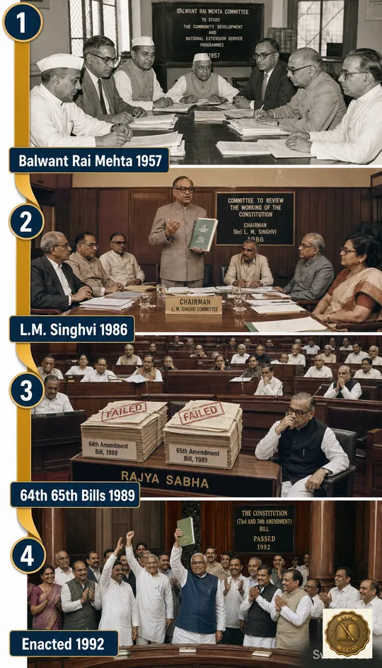 A staircase of reform: Mehta 1957 to Singhvi 1986 to the failed 1989 bills to the 1992 enactment.