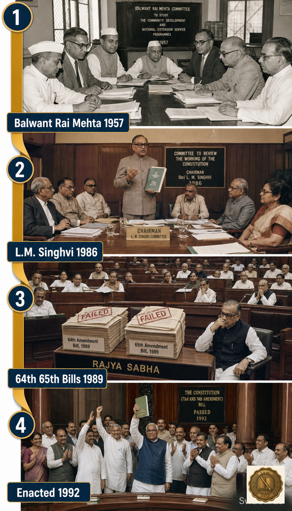 A staircase of reform: Mehta 1957 to Singhvi 1986 to the failed 1989 bills to the 1992 enactment.