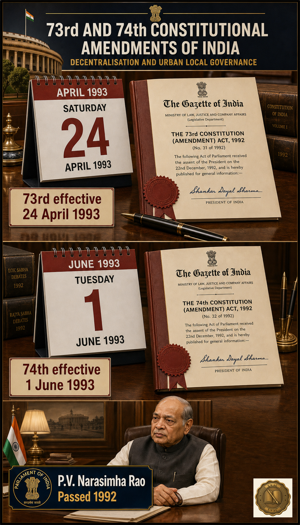 Two stamped calendars: the 73rd takes effect on 24 April 1993, the 74th on 1 June 1993, signed off under Narasimha Rao.