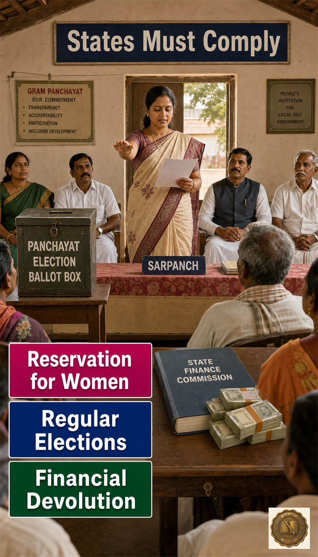 A single living panchayat scene where women take oath, a ballot box stands ready, and a finance commission ledger funds the body.