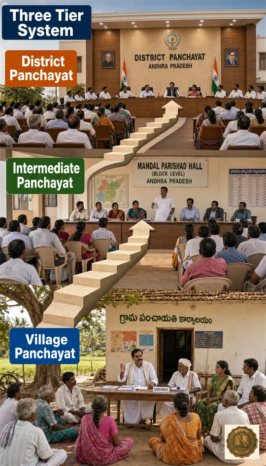 A three-step rural ladder rising from the village to the district.