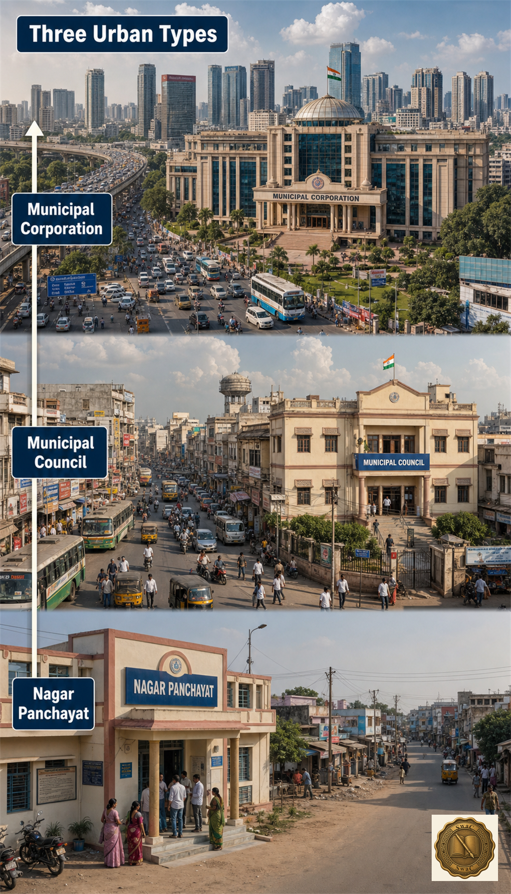 Three growing townscapes: a transitioning town, a small city, and a large metropolis, each with its own civic body.