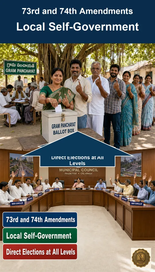 One 1993 reform, two arenas: a banyan-tree village council and a city municipal chamber, both filled by direct popular vote.