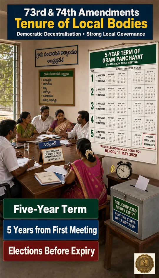 A wall calendar counting five years from the first meeting, with the next election clock ringing just before expiry.