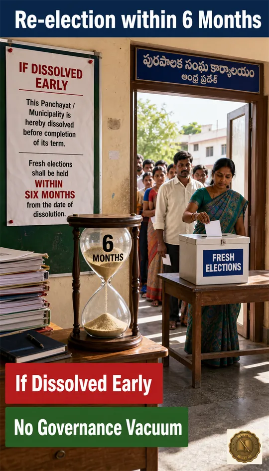 A dissolution notice followed by a six-month hourglass that forces a fresh poll, leaving no governance vacuum.