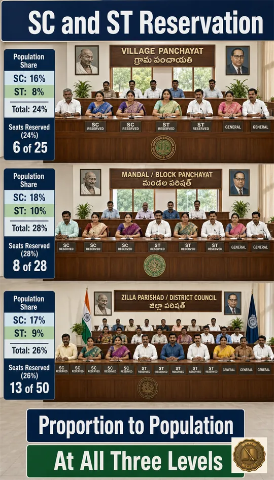 A council bench whose reserved seats are sized to match the SC and ST share of the local population, repeated at all three levels.