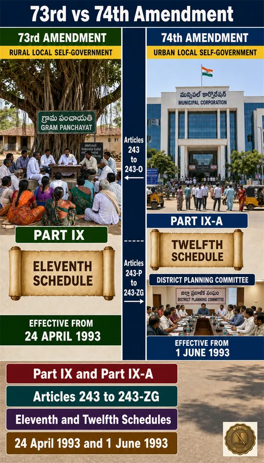 A two-column rural-versus-urban scoreboard: Part IX with the Eleventh Schedule against Part IX-A with the Twelfth Schedule, each with its own 1993 commencement date.