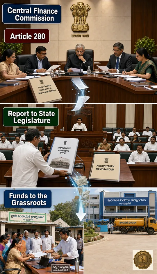 Money and recommendations flow down a chain: Central Finance Commission to State Finance Commission to the village and town grassroots.