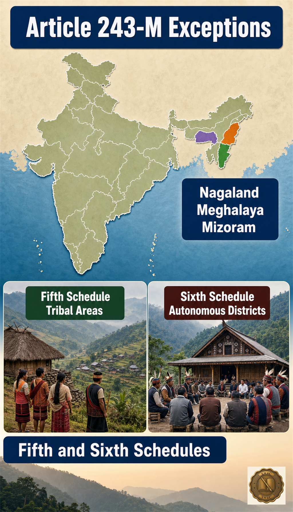 Three north-eastern states plus tribal Schedule areas are carved out of the standard Panchayati Raj framework.