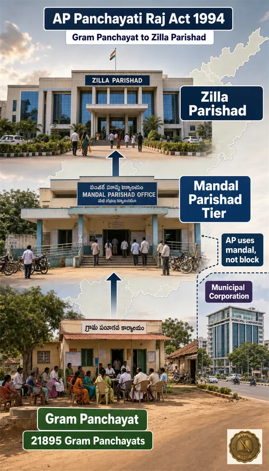 In AP the rural ladder climbs Gram Panchayat to Mandal Parishad to Zilla Parishad, with the mandal replacing the block.