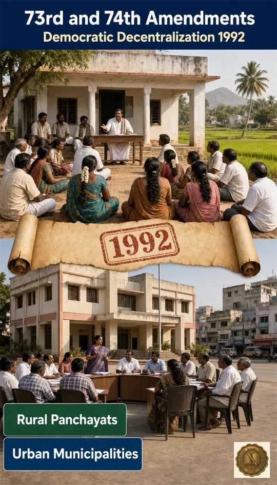 One constitutional act of 1992 that grew two limbs — a village panchayat and a city municipality — both born the same year.