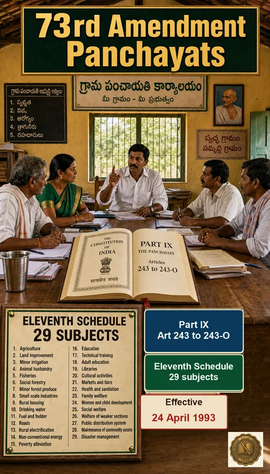 The rural panchayat chamber stamped with its constitutional coordinates — Part IX, 29 subjects, April 1993.