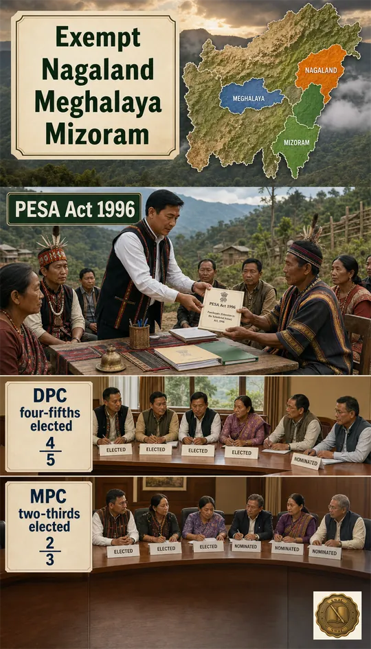 A north-east and tribal carve-out where Part IX pauses and PESA takes over, with the planning committees mostly elected.
