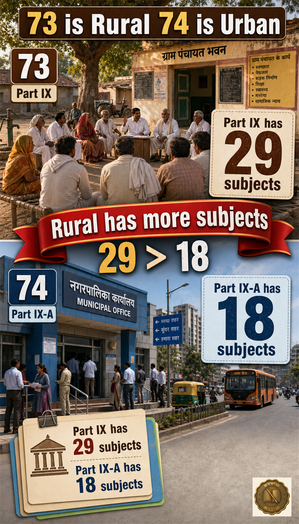A single rememberable rhyme-map: lower number is rural with more subjects, higher number is urban with fewer.