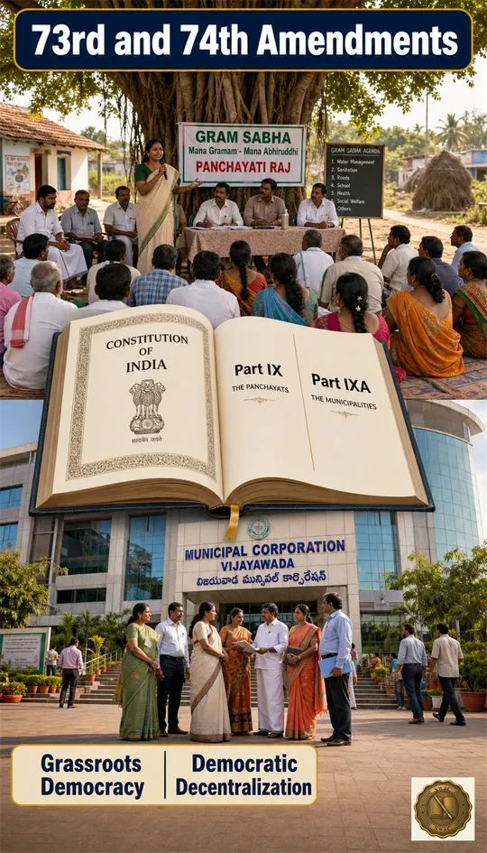 One Constitution branching into two parallel local-government tiers — a village panchayat under a tree and an urban municipal body — as the foundation of grassroots democracy.
