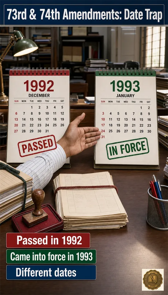 Two adjacent wall calendars — 1992 stamped 'passed' and 1993 stamped 'in force' — fixing the one-year gap between Parliament's act and its commencement.
