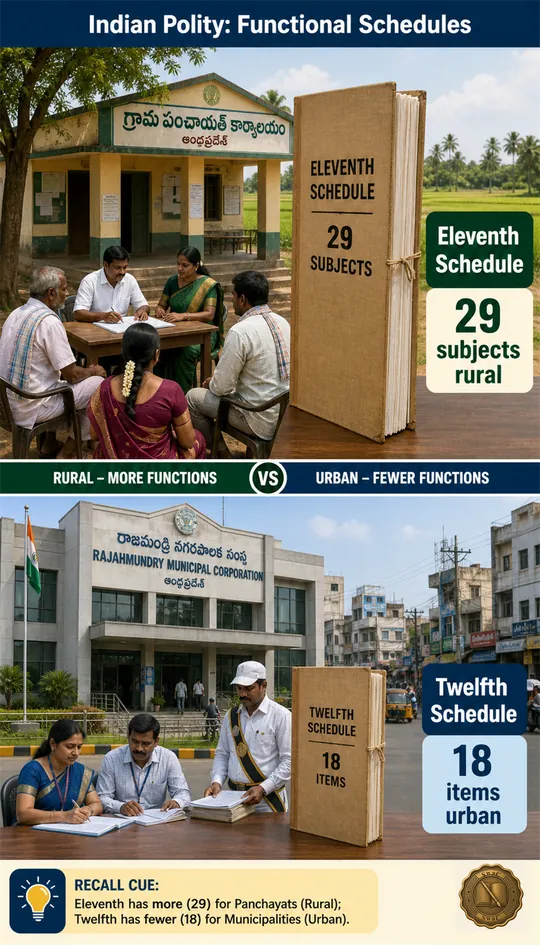 A split board — a rural panchayat side stacked with 29 subjects against an urban municipal side stacked with 18 items — so the bigger rural number is unmistakable.