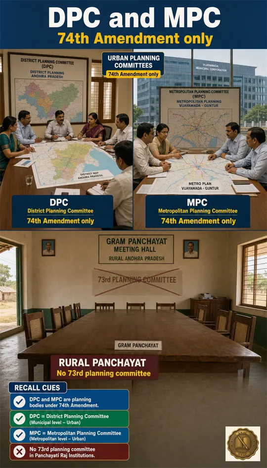 Two urban planning committees seated around district and metropolitan maps, tagged as 74th-only, while the rural 73rd side is empty of any planning panel.