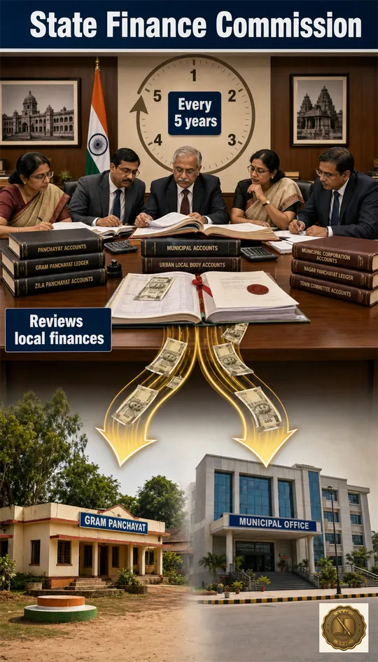 A finance commission reviewing local-body accounts with a five-year review clock, channelling funds toward panchayats and municipalities.
