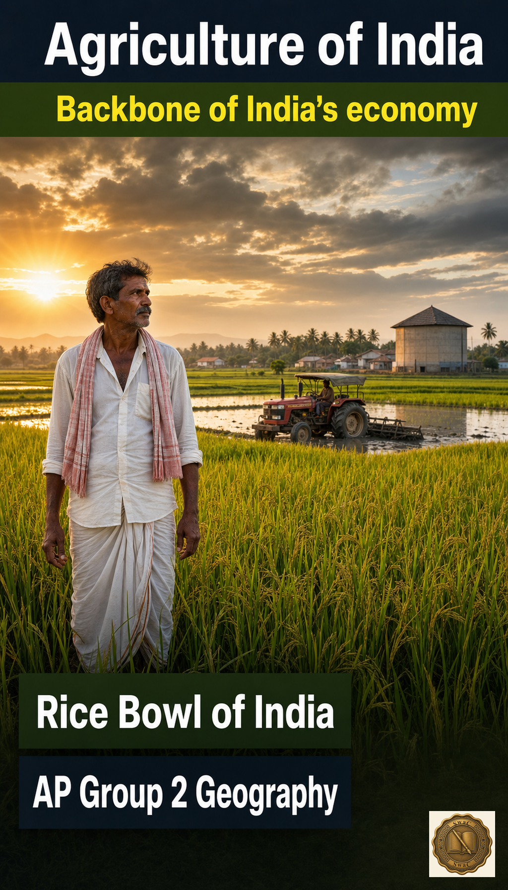 Agriculture is the living foundation beneath India's economy - a sunlit working farm landscape that is the bedrock for everything that follows.