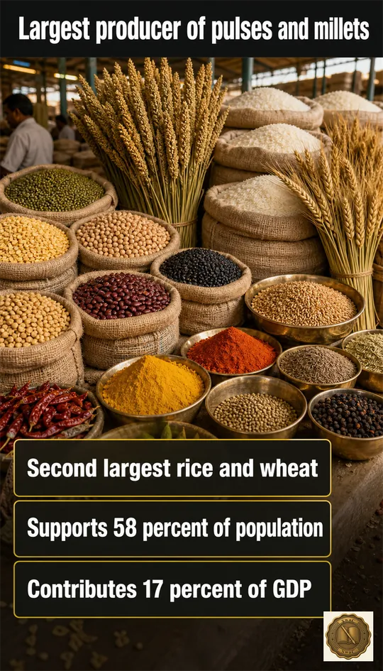 India as a global agricultural powerhouse - heaps of pulses, millets, rice and wheat that map to specific world rankings.