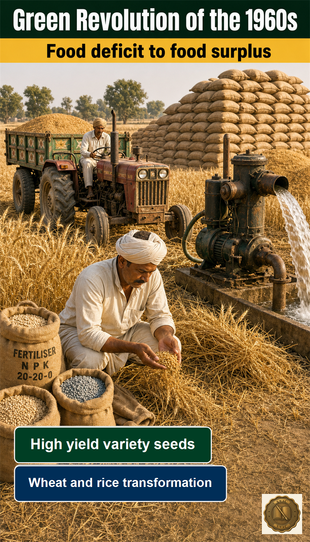 A 1960s Punjab-style wheat field bursting with high-yield grain, tube-well and tractor, marking India's leap to self-sufficiency.